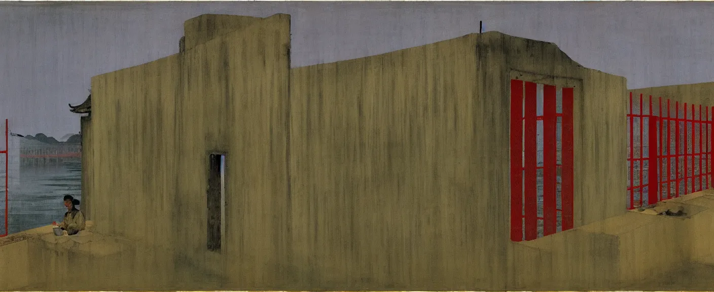 Image similar to a chinese prison near a river by peter doig, muted colors