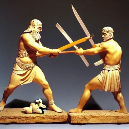 Prompt: greek warriors fighting, against ducks!!!, ancient greek statue, epic, detailled