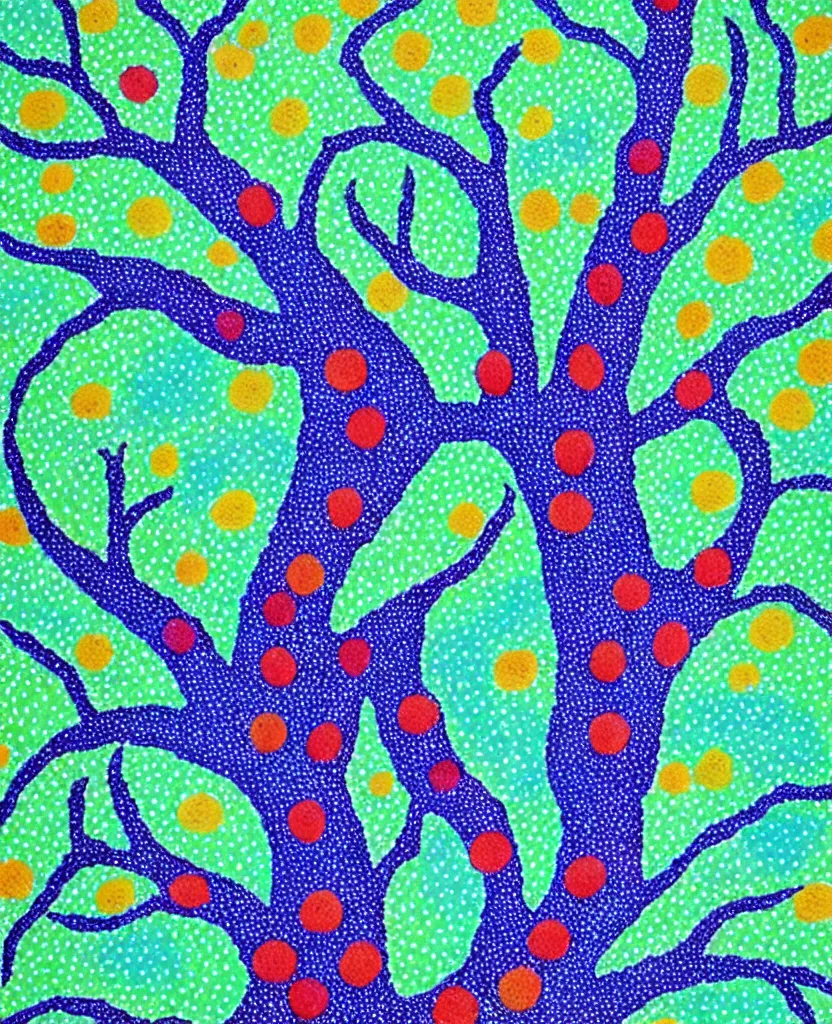 Image similar to a painting of a tree with blue berries on it, a pointillism painting by laurel burch, pinterest contest winner, mail art, vivid colors, whimsical, fauvism