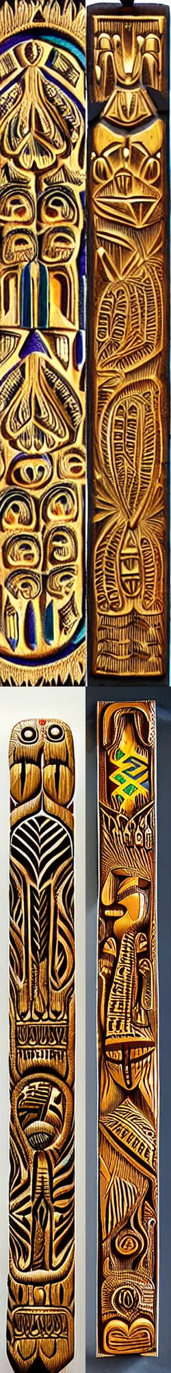 Prompt: wood carved in relief, gold color with aboriginal motifs of northern Patagonia, animals and nature of the patagonian aboriginal by miguel angel,