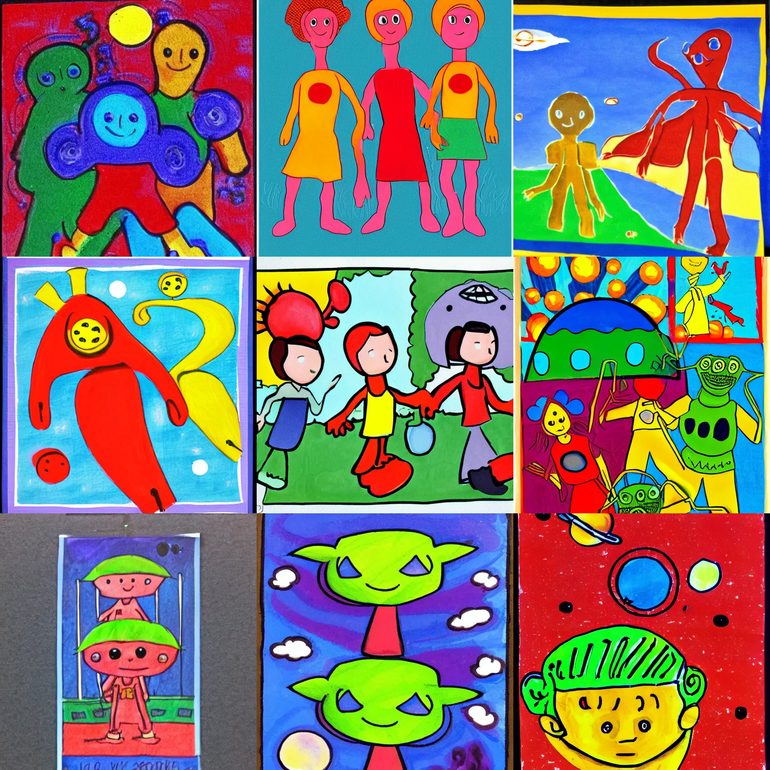 Prompt: The children asked the aliens if they would like to play tag , Illustration for small Children in the style of Dorothy Brook, , primary color scheme