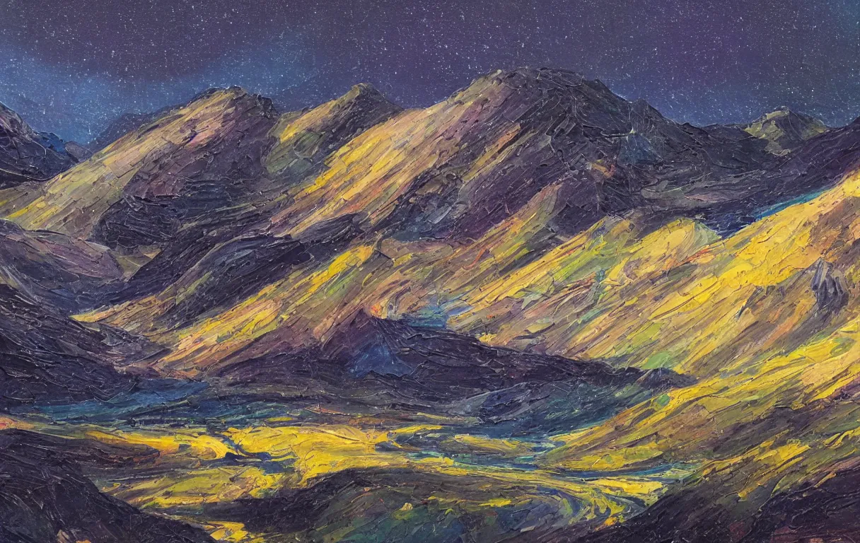 Image similar to Realist colorful impasto painting of the Salmon River mountain valley at midnight by John Harris, stars in the inky black sky reflect on the darkest blue river surface, 4k scan, very beautiful, oil on canvas, visible diagonal brushstrokes