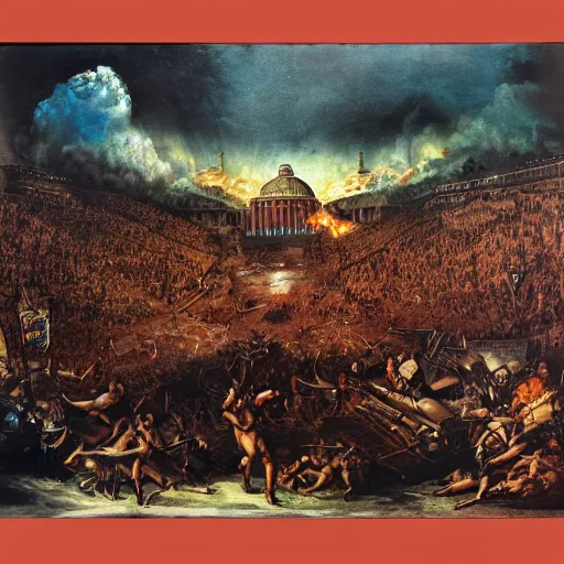 Image similar to nuclear war, fall of rome, epic painting