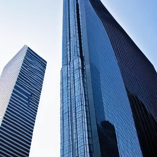 Prompt: 50 foot tall giant woman standing next to a skyscraper, white dress, view from below,