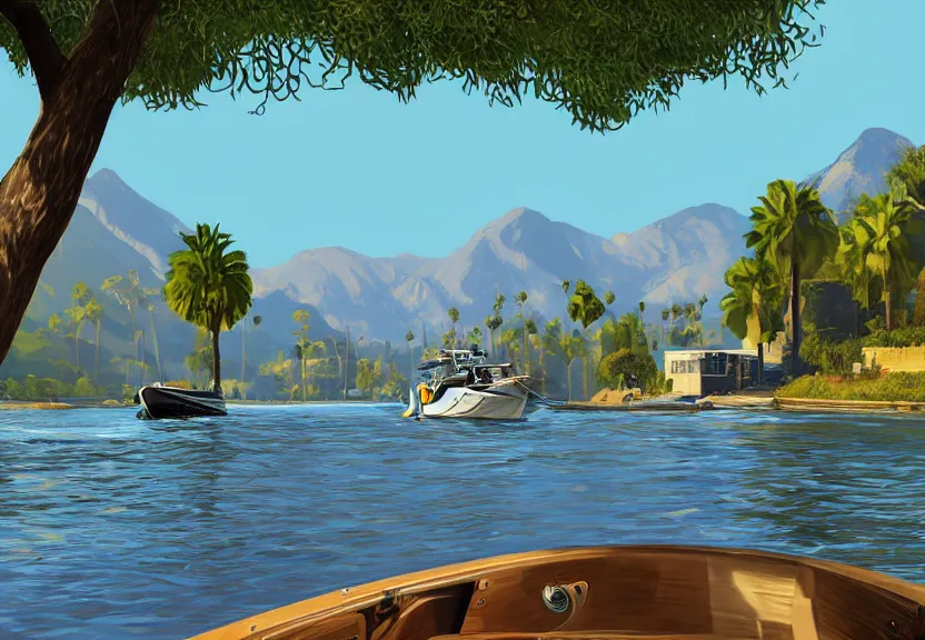 Prompt: A Grand Theft Auto 5 cover style illustration, extremely detailed featuring a river in Europe, surrounded by trees and fields. A dinghy is slowly moving through the water. Sun is shining.