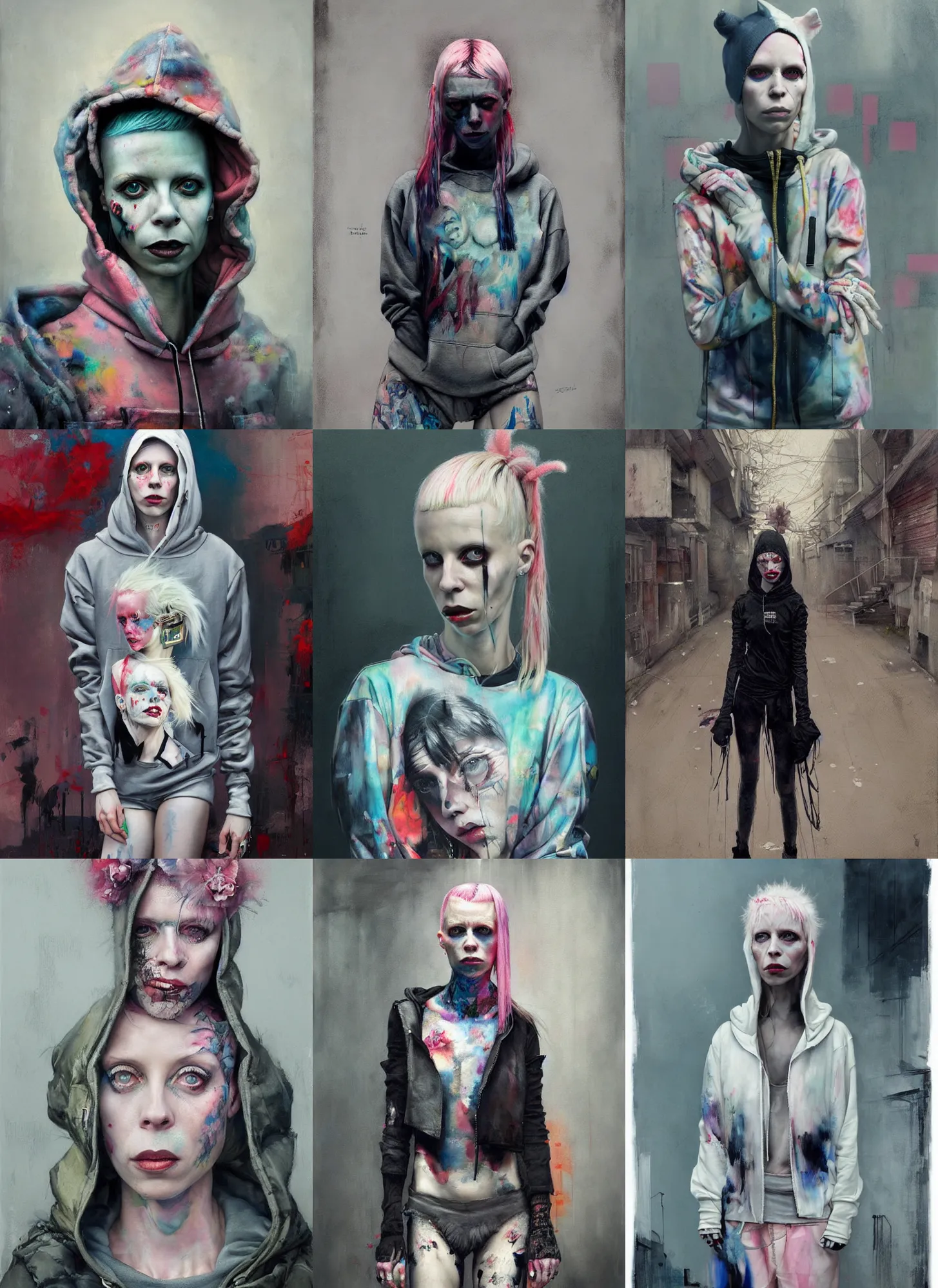 Prompt: painting by martine johanna of yolandi visser wearing a hoodie standing in a township street in the style of jeremy mann, street clothing, haute couture! fashion!, full figure painting by tom bagshaw, tara mcpherson, david choe, decorative flowers, pastel color palette, die antwoord