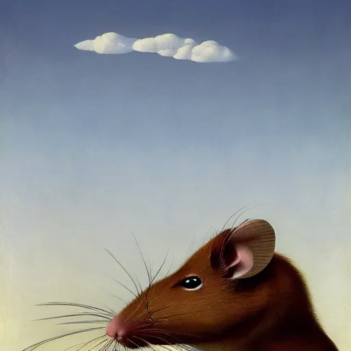 Prompt: Colossal Rat by Raphael, Hopper, and Rene Magritte. detailed, romantic, enchanting, trending on artstation.