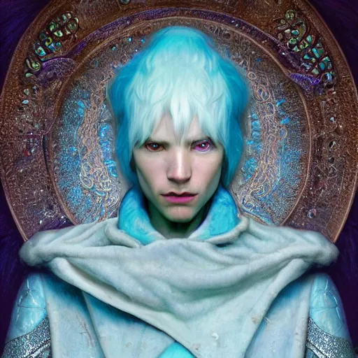 Prompt: a close - up portrait of an androgynous handsome male snow elf in a turquoise cape and silver armour, albino skin, winter vibes, elegant, very coherent symmetrical artwork, by tomasz alen kopera and alphonse mucha and charlie bowater, photorealistic, sharp focus, octane render, rtx, hdr, unreal 5, trending on artstation