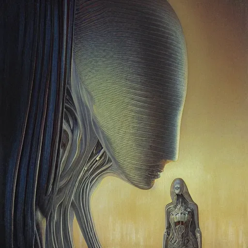 Image similar to sci - fi portrait of bene gesserit order sister from arrakis, by jean delville and beksinski and giger and dore, intricate, hyperealistic, photoreal, 8 k resolution, modern high sharpness photo