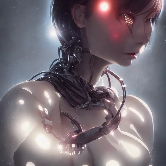 Image similar to symmetrical beautiful anime cyborg girl - by tom bagshaw, by ilya kuvshinov, rtx rendering, octane render 1 2 8 k, maya, extreme high intricate details by wlop, digital anime art by ross tran, medium shot, close up shot, composition by sana takeda, dramatic lighting by greg rutkowski, 8 k, trending on artstation