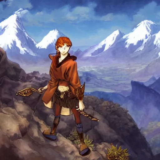 Prompt: an adventurer looks at mountains in the distance, vanillaware art, george kamitani