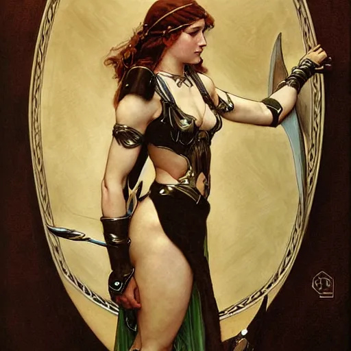 Prompt: realistic portrait of a beautiful valkyrie warrior in armor by gerald moira, frederic leighton, amano, greg hildebrandt, and mark brooks, female, feminine, art nouveau, victorian, neo - gothic, gothic, character concept design
