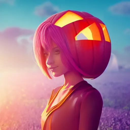 Prompt: a futuristic pumpkin field with a girl standing in the middle with teal hair and a short dress, wearing a pink head band, blurred background, sharp focus, digital art, artstation, render, 4k, octane, lighting, anime style