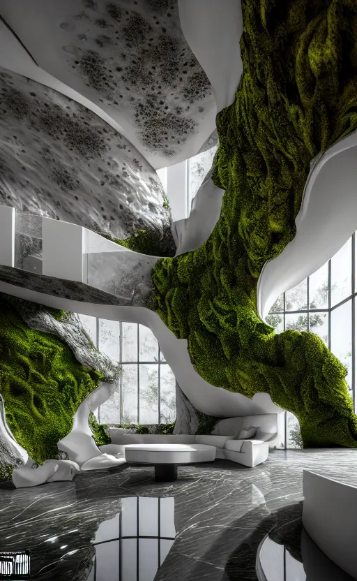 Image similar to highly detailed ultra sharp 3 d render villa interior cinematic composition of a smooth ceramic porcelain biomorphic magnolia stone nebula fluid fractal sci - fi surreal architecture landscape, granite, metallic, magnesium, marble, moss and lichen, vincent callebaut composition, mamou - mani, archviz, beautiful lighting, 8 k, unreal engine, hdr,