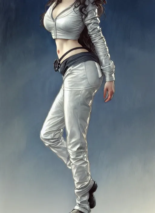 Image similar to girl in very short white! top and very short gray! leather jacket, open belly, long dark curly hair, high waist sweatpants, intricate, elegant, highly detailed, digital painting, artstation, concept art, smooth, illustration, art by artgerm and greg rutkowski and alphonse mucha