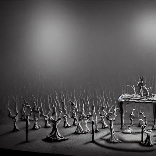 Image similar to the last orchestra, surrealistic detailed claymation art, dark, moody, foggy