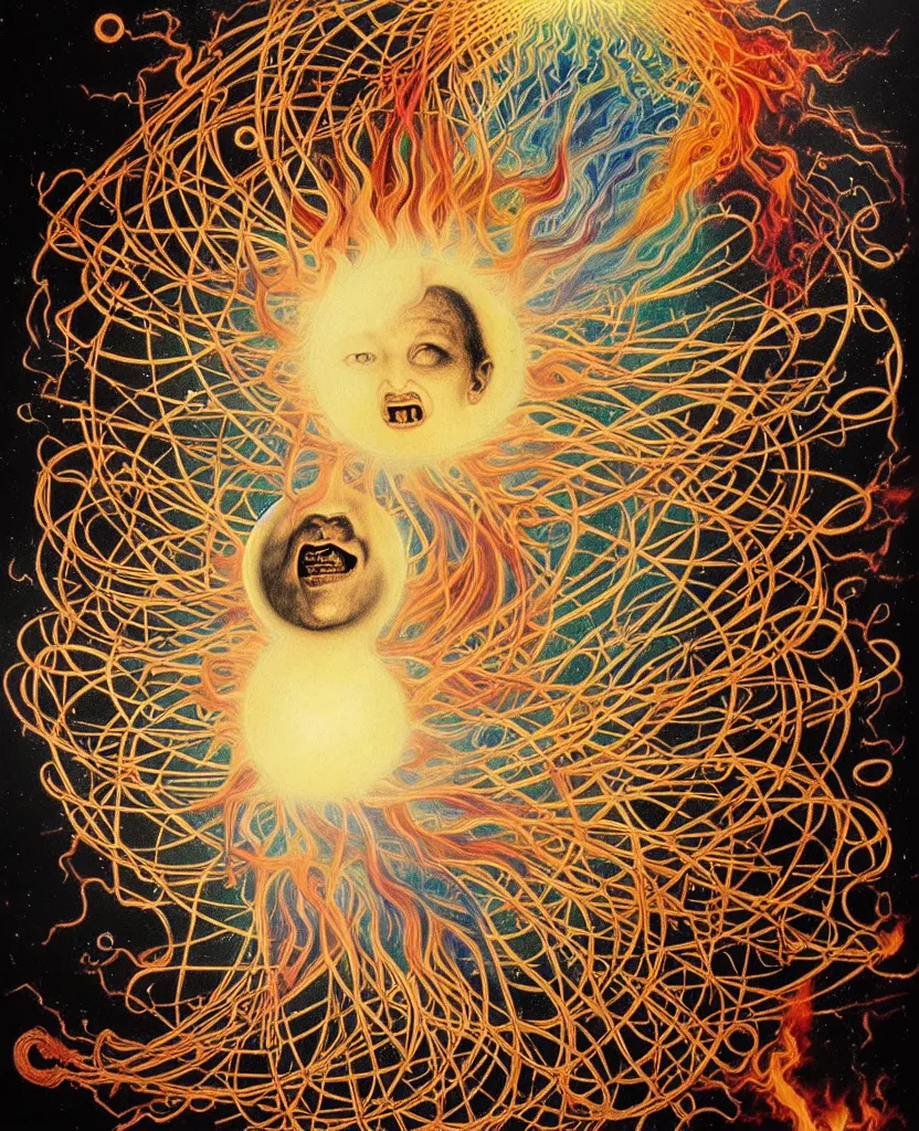 Prompt: a wild child creature radiates a unique canto'as above so below'while being ignited by the spirit of haeckel and robert fludd, breakthrough is iminent, glory be to the magic within, in honor of jupiter's day, painted by ronny khalil