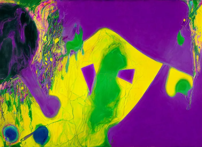Image similar to abstract painting with beautiful shapes in purple, yellow, dark green, by hernan bas and pat steir and hilma af klint, psychological, photorealistic, dripping paint, washy brush, oil on canvas, rendered in octane, altermodern, masterpiece