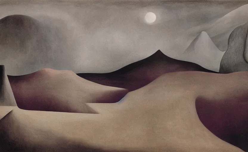 Image similar to otherworldly surreal dream-like landscape by Leonora Carrington, Gertrude Abercrombie, Dorothea Tanning, Helen Lundeberg, Kay Sage, Valentine Hugo, Toyen, Ithell Colquhoun