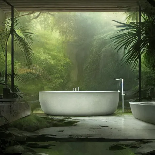 Image similar to exterior bathroom in the jungle designed by louis kahn, poetic architecture, greg rutkowski, digital painting, artstation