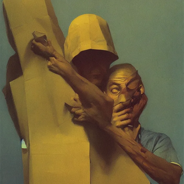 Image similar to man with a paper bag over the head and a sward Edward Hopper and James Gilleard, Zdzislaw Beksinski highly detailed