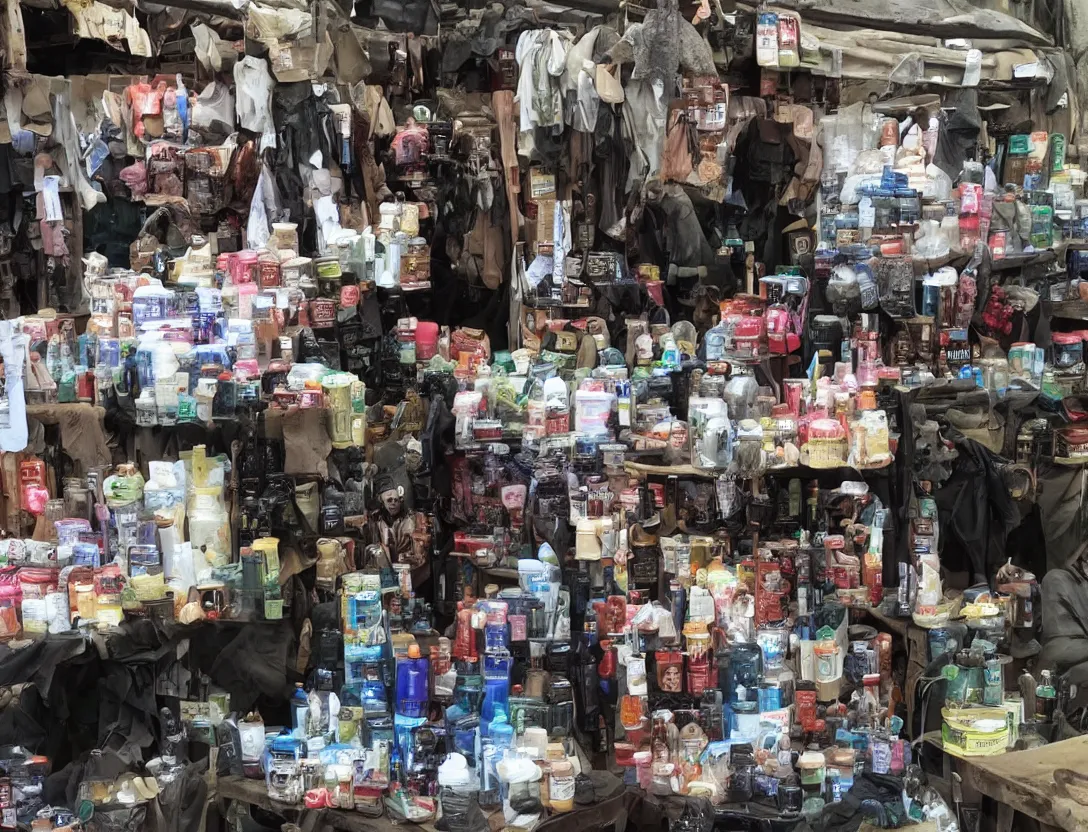 Image similar to market stall in Mordor. An orc selling dark toiletries and body parts