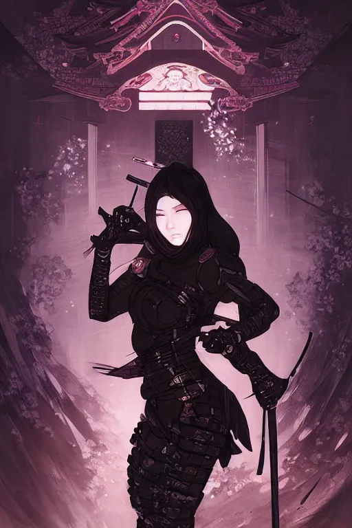 Prompt: portrait Ninja gaiden girl, armored black ninja wardrobe, in ruin japanese temple night, ssci-fi and fantasy, intricate and very very beautiful and elegant, highly detailed, digital painting, artstation, concept art, smooth and sharp focus, illustration, art by tian zi and WLOP and alphonse mucha