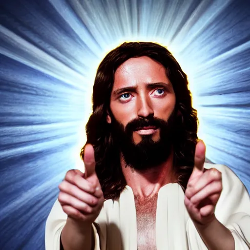 Image similar to uhd real 8 k photo of jesus flipping people off, digital art, portrait, portrait concept art, special effects, finely detailed, studio lighting, correct details, correct face, real jesus