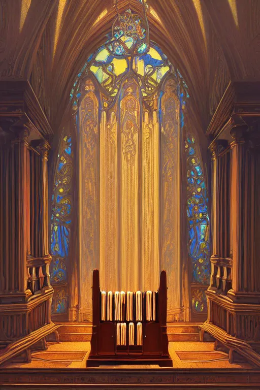 Prompt: painting of a pipe organ in front of a dimensional portal, decorated, intricate, elegant, highly detailed, digital painting, artstation, concept art, smooth, sharp focus, illustration, art by artgerm and greg rutkowski and alphonse mucha, 8 k