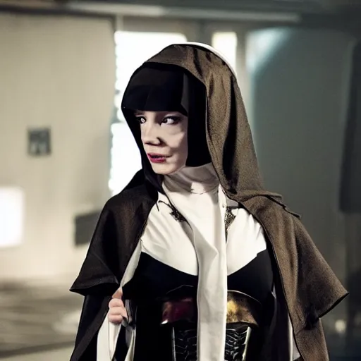 Image similar to photo of christina hendricks as a cyberpunk nun warrior with holy weapons