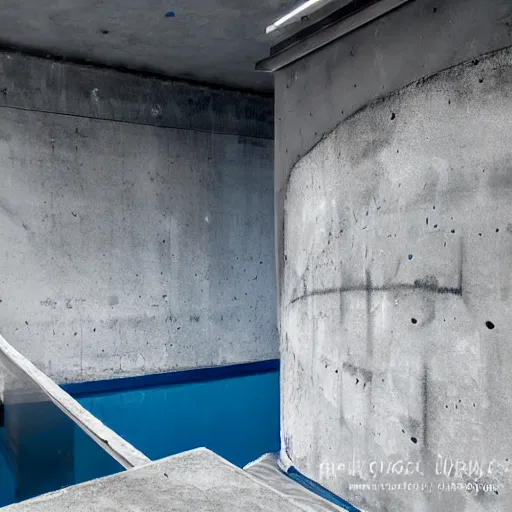 Prompt: dingy abandoned concrete room, triangular room, blue pool tiles, liminal space, museum, concrete staircase leading down, staircase flooded with water to create a moon pool, Photograph, found footage, dark, dingy.