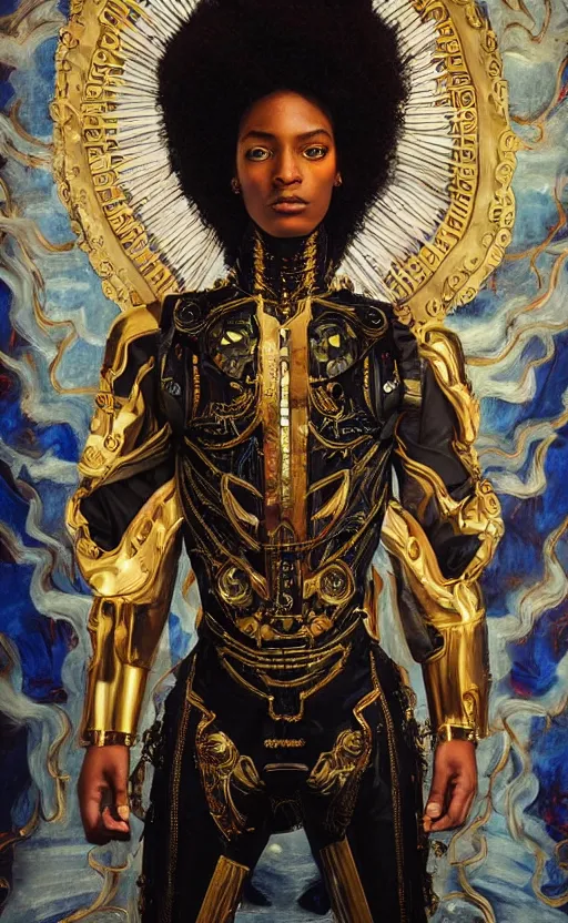 Prompt: beautifully painted mural of a stunning young black cyborg prince in ornate royal fabric, piercing glowing eyes, sci fi scenery, vogue cover poses, mural in the style of sandro botticelli, caravaggio, albrecth durer