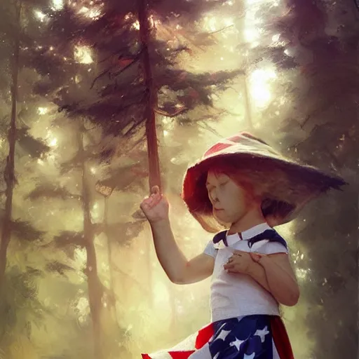 Image similar to child's hand holding a very tiny american flag in the forest, digital art by ruan jia and mandy jurgens and artgerm, highly detailed, trending on artstation, award winning