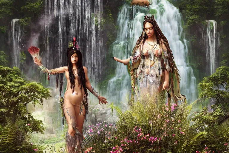 Prompt: A beautiful divine tribal high priestess with feathers and crystals in a lush field of flowers, highly detailed medieval temple with waterfall and Deer behind her, wide painting by greg rutkowski and HR Giger, Zbrush, Trending on artstation:1 H 1024