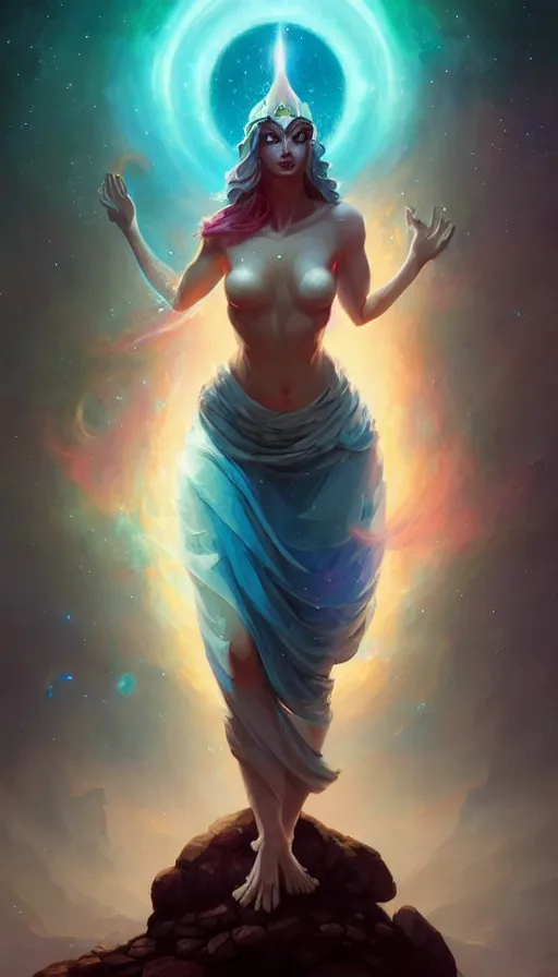 Image similar to greek god, epic scene, colors, holy, full body, galaxy, and, stars, atmosphere, unreal engine, pixar, video game, ethereal, insanely detailed, symmetrical, concept art, peter mohrbacher, charlie bowater, artstation, cinematic, video game, digital painting, artist maena, 4 k