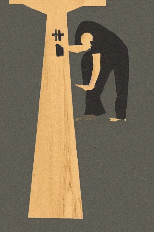 Prompt: man kneeling at the base of a wooden cross, 1960’s minimalist advertising illustration, painterly