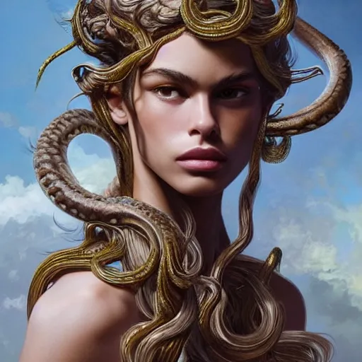 Image similar to Kaia Gerber as Medusa, frowning, scowl, snakes for hair, intricate, elegant, highly detailed, digital painting, artstation, concept art, smooth, sharp focus, illustration, art by artgerm and greg rutkowski and alphonse mucha