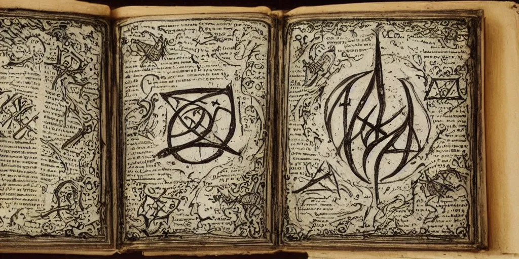 Image similar to a very detailed book of spells with ornate cryptic symbols drawn on the pages