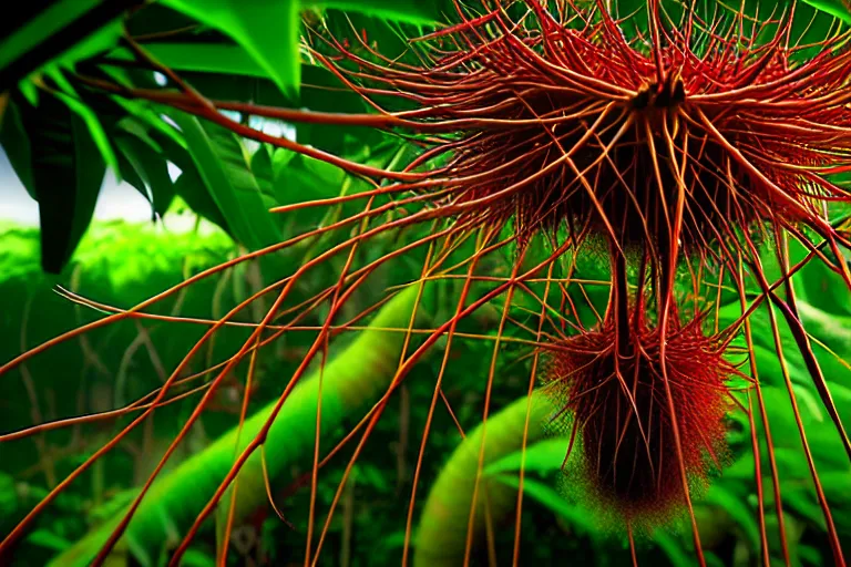 Image similar to jungle of the rambutan, art by ron miller and matthew stawicki and jurgen ziewe, trending on artstation, halfrear lighting microscopic view telephoto lens, cgsociety, final, long exposure, socialist realism