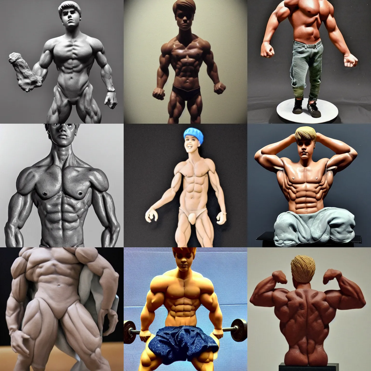 Prompt: justin bieber as a bodybuilder, clay sculpture