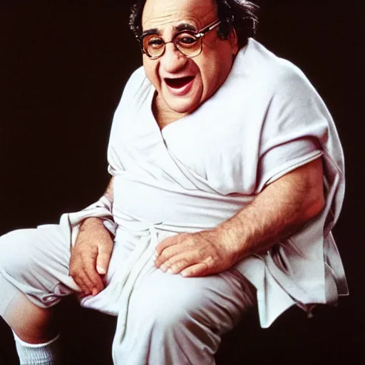 Image similar to godlike Danny DeVito, wearing a toga, eyes with no pupils, sitting atop Mount Olympus, stormy skies