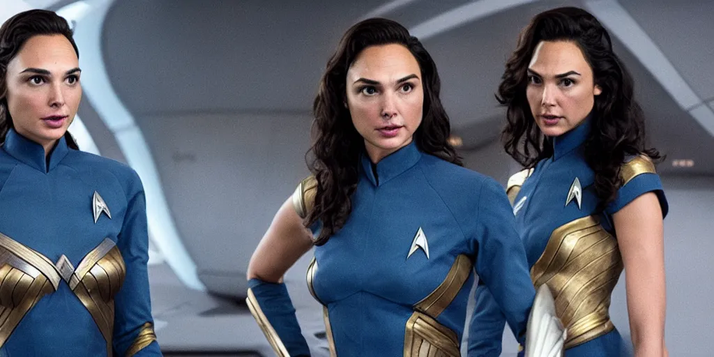 Image similar to Gal Gadot, in full starfleet uniform, is the captain of the starship Enterprise in the new Star Trek movie