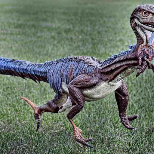 Image similar to a photograph of a velociraptor with feathers