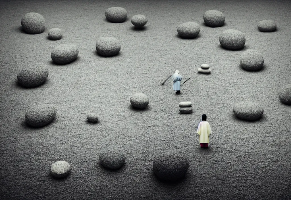 Image similar to a lone priest raking stones in a zen garden kyoto, japan, a collage painting, in the style of wes anderson, lola dupre, david hockney, isolated on negative white space background dark monochrome fluorescent neon spraypaint accents volumetric octane render