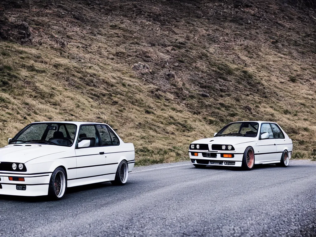 Image similar to a single modified bmw e 3 0 with lights on a mountain road, motion blur, 3 5 mm photography, car photography, clean lines, realistic