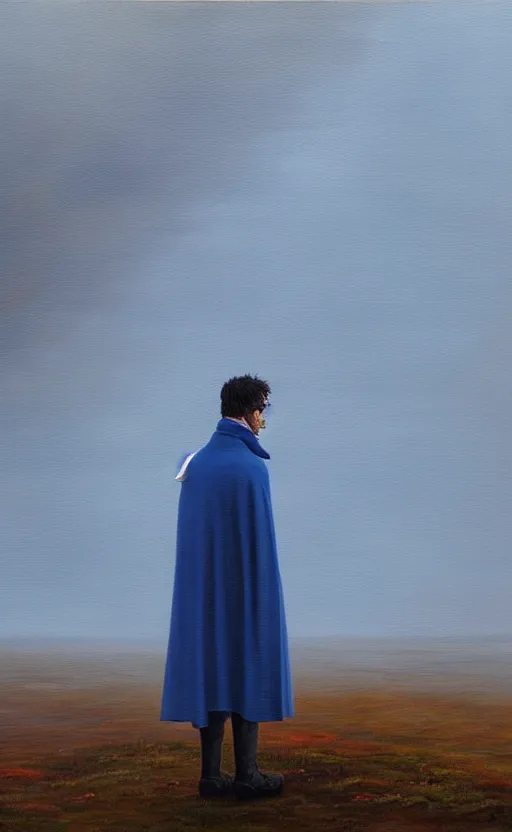 Image similar to oil painting of a blue caped man, lonely, depression, foggy background, standing in midground, blue sky, by capsar david friedrich