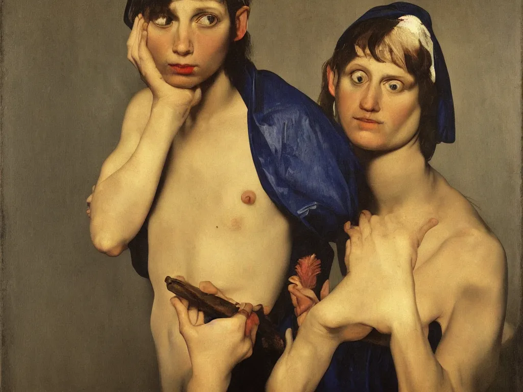 Image similar to Portrait of a lapis lazuli painted cannibal. Painting by Caravaggio, August Sander