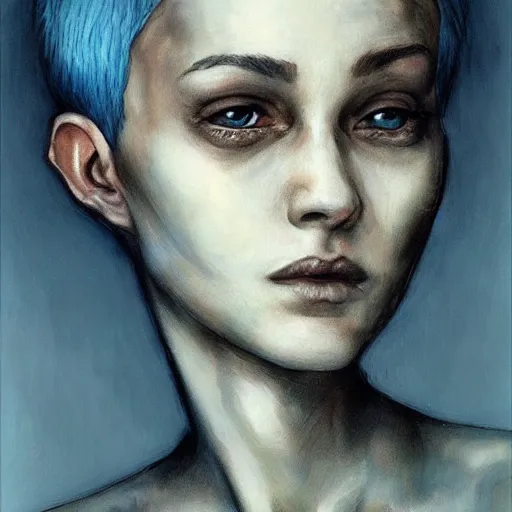 Image similar to intricate portrait, pure skin, short blue hair, enki bilal!