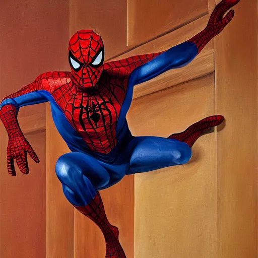 Prompt: high quality high detail painting by lucian freud, hd, portrait of spiderman, photorealistic lighting