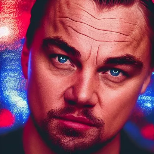 Prompt: “Leonardo DiCaprio, beautiful, Magic FX, red blue colors, lights, bokeh, highly detailed portrait, photorealistic, ultra detailed”